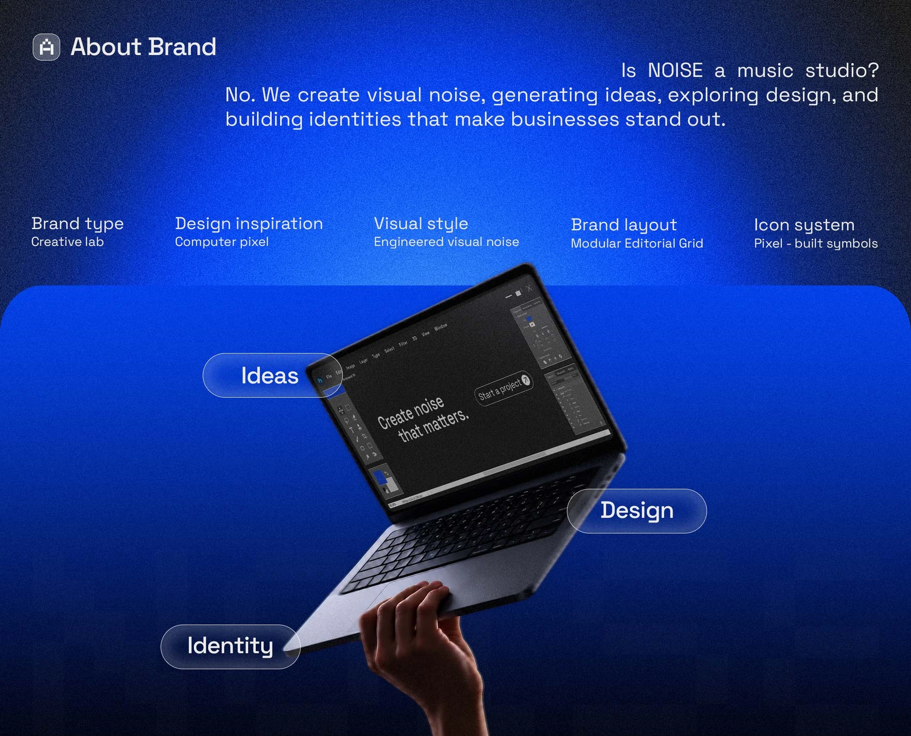 NOISE brand presentation with blue brand graphics and imagery