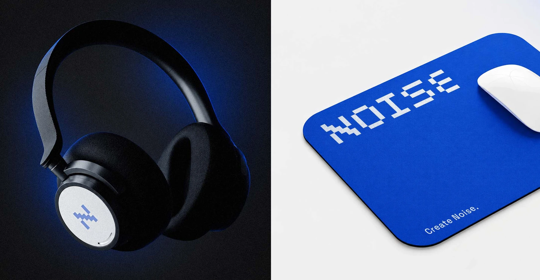 NOISE headphones and accessories arranged on a blue surface